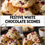 Freshly baked white chocolate cranberry scones sprinkled with dried cranberries on a festive plate.
